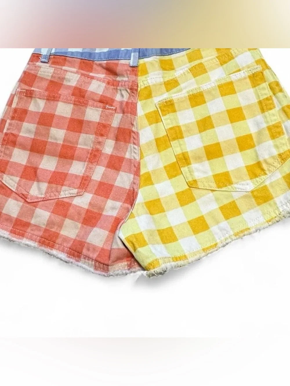 NWT FARM Rio Pastel Gingham Colorblock Denim Shorts - Yellow, Coral & Light Blue
